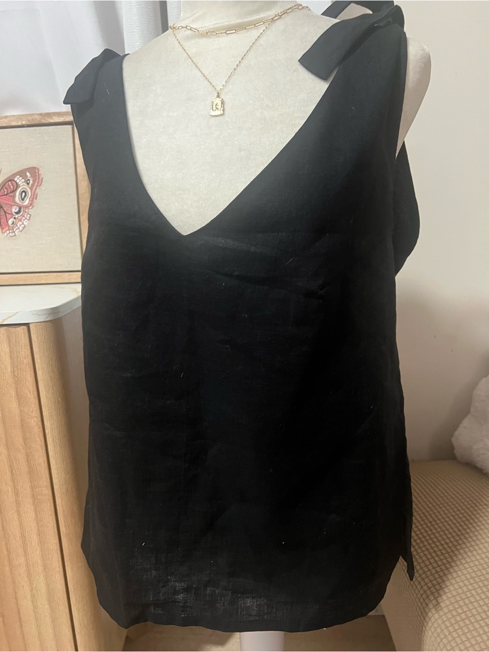 Tie-Shoulder V-Neck Black Women’s Blouse